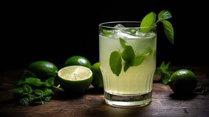 Glass of Freshly Squeezed Lime Juice with a Slice of Lime, a Tangy and Zesty Citrus Refresher