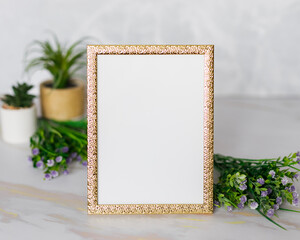 Minimal wooden picture poster frame mockup on white wallpaper