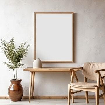 minimal design apartment, a wall with 1 picture frame, modern living-room, clean furniture, perpendicular composition, center perspective, very detailed, photorealistic, photographic