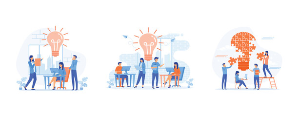 Fototapeta premium business start concept. Innovation, improving career, manager at remote work, searching for new ideas solutions, set flat vector modern illustration