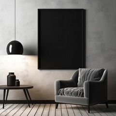 minimal design apartment, a wall with 1 picture frame, modern living-room, clean furniture, perpendicular composition, center perspective, very detailed, photorealistic, photographic, dark room - obrazy, fototapety, plakaty