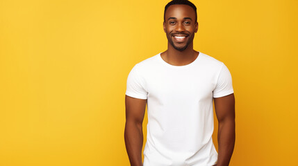 Smiling man in white T-shirt on isolated yellow background. Copy space. Generative AI