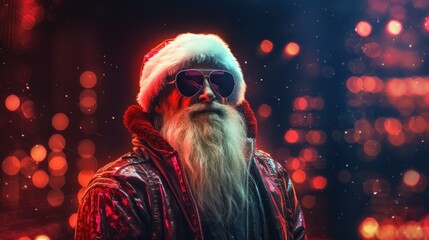 Modern hipster cyberpunk style Santa Claus in neon glitter cloth and sunglass. Modern Santa Claus in red hat, wearing red glitchy jacket on multicolor background Nightclub invite on Christmas party