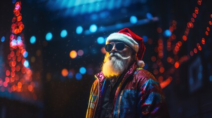 Modern hipster cyberpunk style Santa Claus in neon glitter cloth and sunglass. Modern Santa Claus in red hat, wearing red glitchy jacket on multicolor background Nightclub invite on Christmas party