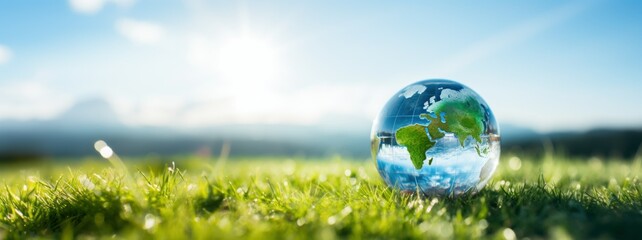 International Day for the Preservation of the Ozone Layer. World Ozone Day. Ozone layer protection. Crystal ball hyper-realistic earth on blue sky and green grass background