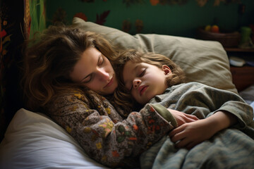 Mom and daughter sleep in bed. Family time. Relationships between parents and children. Taking care of children - obrazy, fototapety, plakaty