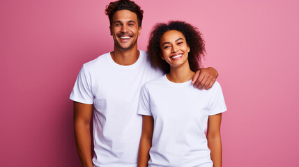 Fototapeta premium Group smiling people in white T-shirt on isolated pink pastel background. Copy space for logo or brand. Generative AI