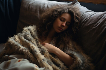 a young girl sleeps while sick with the flu. Beautiful girl sleeps comfortably in bed