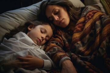 Fototapeta na wymiar Mom and daughter sleep in bed. Family time. Relationships between parents and children. Taking care of children