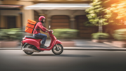 A food delivery man with an orange thermal delivery backpack on his back, riding a red scooter on his way to a customer's house, fast and efficient delivery service.copy space - obrazy, fototapety, plakaty