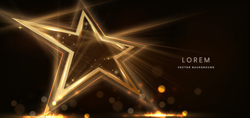 Golden star on black background with lighting effect and sparkle. Luxury template celebration award design.