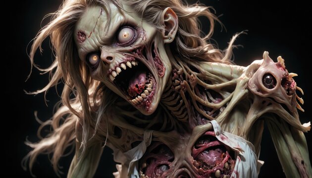 Scary female zombie in torn clothes with flesh wounds isolated on a black background cartoon style Halloween woman illustration