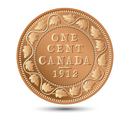 Canadian Penny one cent coin on white background. Vector illustration.
