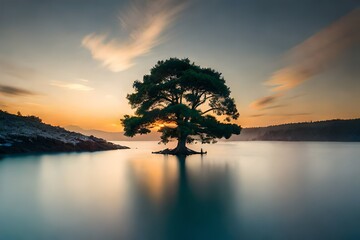 Fototapeta na wymiar Alone Tree in a sea. Generative AI