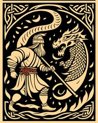 peasant and dragon combat, wood cutting style , viking era, bevel with rune