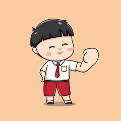 Indonesian student elementary school feeling proud cute kawaii boy character