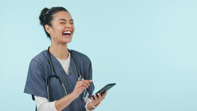 Nurse, woman laugh and phone for healthcare communication, social media meme or funny chat in studio. Student or medical doctor on mobile and telehealth mockup or happy advertising on blue background