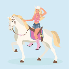 Cowboy girl blonde with white horse in pink boots.