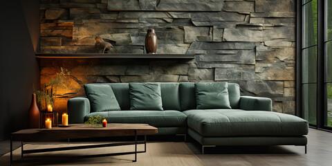Loft Style Living Room with Velvet Corner Sofa and Stone Wall Decor