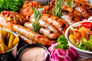 Set with various meat Bavarian, Frankfurt, German grilled sausages, Oktoberfest food