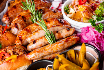 Set with various meat Bavarian, Frankfurt, German grilled sausages, Oktoberfest food