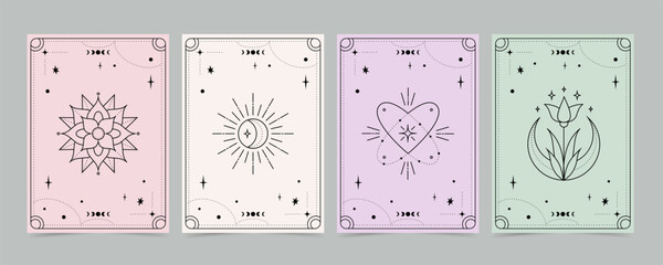 Tarot cards set - esoteric mystical deck design with spiritual symbols. Vector illustration template, boho style - obrazy, fototapety, plakaty