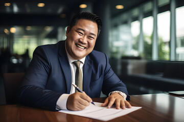 Asian manager working sign documents at desk in office, CEO  businessman, Big boss, Plus size people, Fat employer, Generative AI - obrazy, fototapety, plakaty