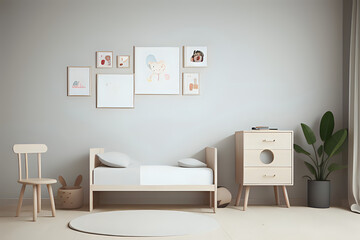 Seven mockups frame in children bedroom with natural wooden furniture, 3D render