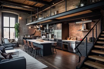 Fotobehang Side view on a wooden table and spacious industrial loft kitchen with vintage decor and black cabinets © GustavsMD
