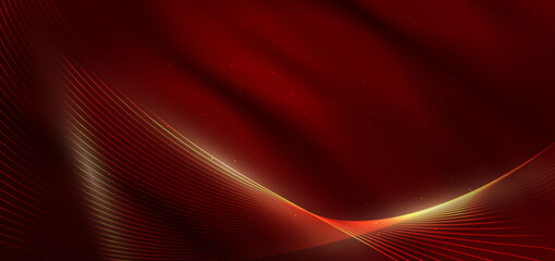 Abstract luxury glowing lines curved overlapping on dark red background. Template premium award design.