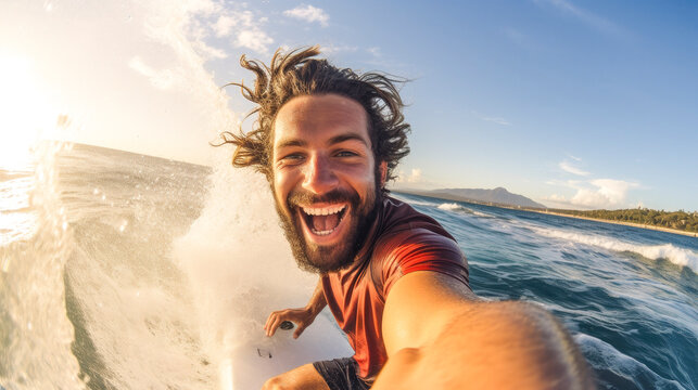 handsome young surfer smiling and taking a selfie while surfing a wave on a summer day