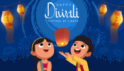 Happy Diwali Poster with Indian Kids Flying Lanterns Vector Illustration. Indian festival of lights Design. Suitable for Greeting Card, Banner, Flyer, Template. © Darwin Vectorian