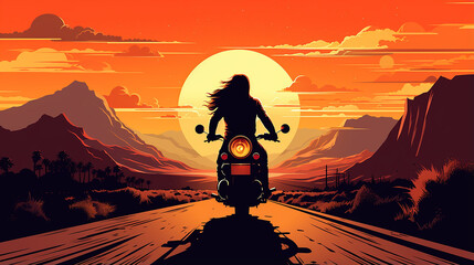 Ilustração do estilo dos anos 70 com vibrações de verão com motociclista dirigindo ao pôr do sol - obrazy, fototapety, plakaty