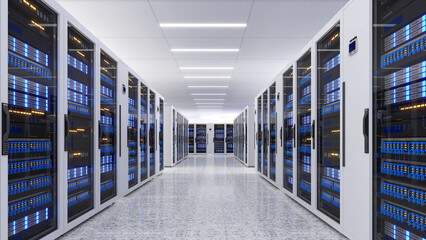 Shot of Data Center With Multiple Rows of Fully Operational Server Racks. Modern Telecommunications,Data center cooling,server room,3d rendering - obrazy, fototapety, plakaty