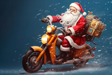 Santa Claus riding scooter with gift box isolated background