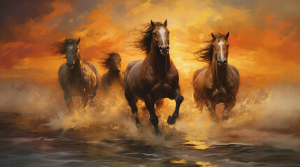 Três cavalos na paisagem   - obrazy, fototapety, plakaty