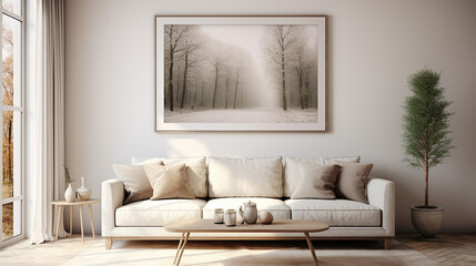 Framed photo on a wall above a fancy white sofa. 3D rendering interior design. Generative AI