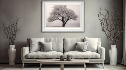 Framed photo on a wall above a fancy gray sofa. 3D rendering interior design. Generative AI
