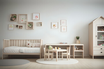 Mock up frame in children bedroom with shelf, table, chairs and natural wooden furniture, 3D render