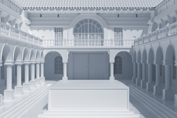 Vintage palace podium for product show. Old building with columns and arcs in Victorian style. Monochrome 3d render with copyspace area. - 647706976