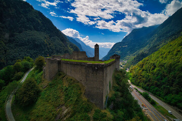 Fototapeta na wymiar Medieval Castle by drone. Mesocco, Switzerland