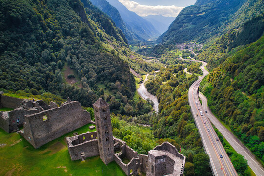 Medieval Castle by drone. Mesocco, Switzerland