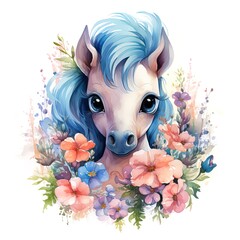 watercolor illustration portrait of cute naive cartoon pony with blue mane surrounded by flowers isolated on white background