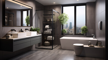 Fototapeta na wymiar 3D rendering, explore a clean and modern residential bathroom and toilet design