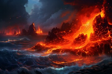 An intense collision of fire and lava merging with refreshing water evoking a dynamic scene for a desktop background. Generative AI - obrazy, fototapety, plakaty