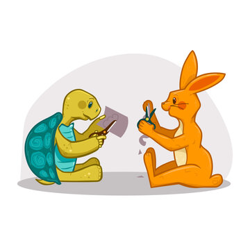 Tortoise And Hare Characters Cutting Paper With Scissors, Vector Illustration