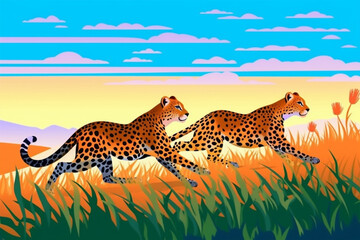 cartoon style of a pair of leopards running