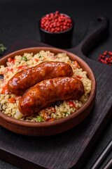 Delicious chicken or pork sausages baked on the grill with porridge and vegetables