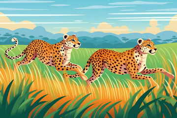 cartoon style of a pair of leopards running - obrazy, fototapety, plakaty