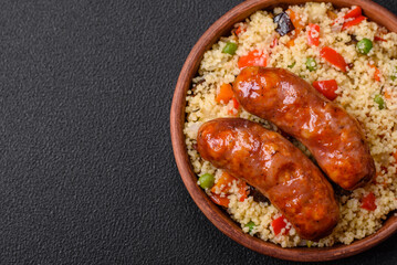Delicious chicken or pork sausages baked on the grill with porridge and vegetables